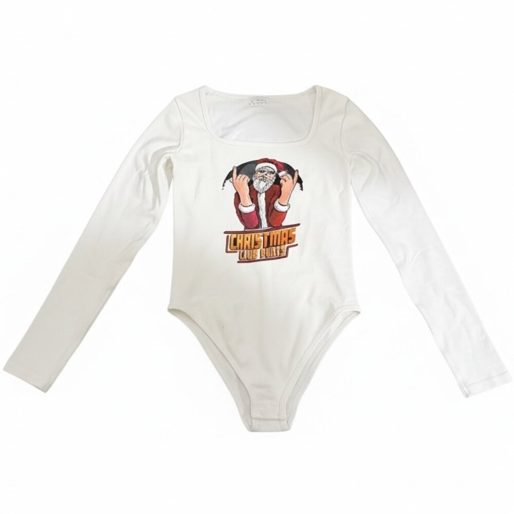 Unique OQQ Bodysuit Square Neck Long Sleeve Bodysuit- Christmas Club Party